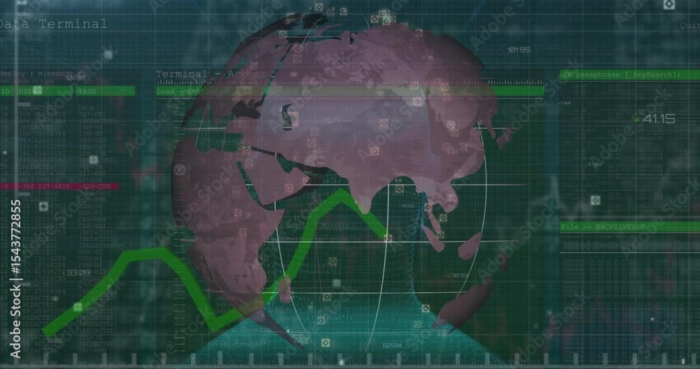 Poster opening with 3d globe rotating eastward, updating panels and trend line graph with network nodes