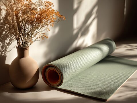 Rolled sage green yoga mat rests on a light surface near a vase of dried flowers, bathed in sunlight casting shadows on the wall and mat