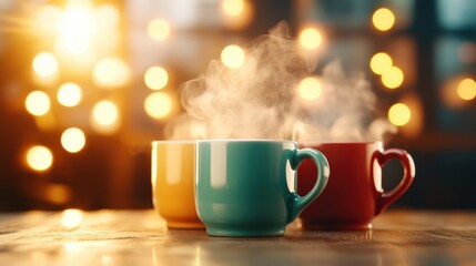 Obraz premium Three colorful steaming coffee cups on a wooden table, radiating warmth and comfort, creating an inviting atmosphere perfect for gatherings or peaceful moments.