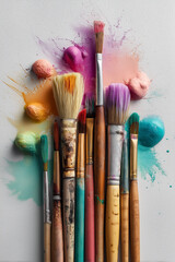 Fototapeta premium Paintbrushes dripping with colorful paint splattered on canvas creating abstract art