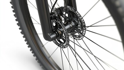 Close-Up of Black Mountain Bike Front Wheel and Spokes on White Background – Ideal for Product Design and Packaging