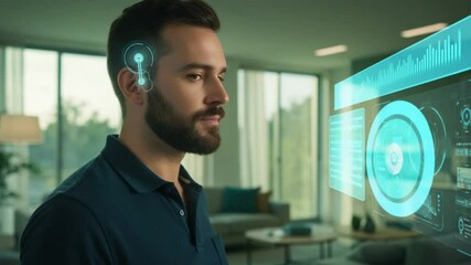 Technological Harmony: A modern man engages seamlessly with interactive interface, showcasing futuristic technology seamlessly integrated into daily life.
