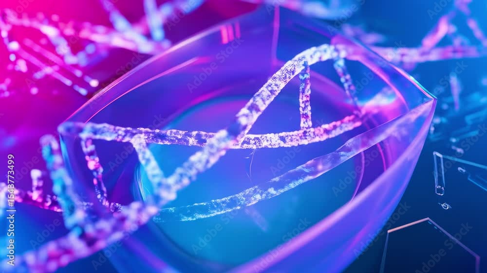 Poster close up of a transparent dna double helix structure used for futuristic data storage, illuminated b