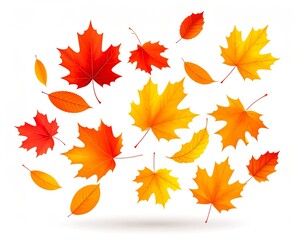 Fototapeta premium 3D icon of falling autumn leaves in motion, suspended mid-air, various colors (red, orange, yellow), isolated effect
