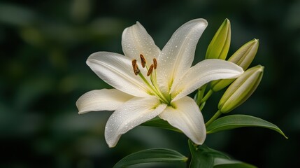 Fototapeta premium A close-up view of a stunning white lily adorned with water droplets, showcasing its delicate petals and vibrant green buds, embodying purity and natural beauty in floral photography.