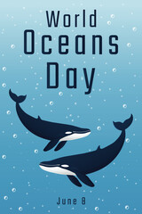 world oceans day poster flat vector illustration.