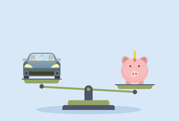 Fototapeta premium Financial decision showing a scale weighing a pink piggy bank with savings against a new car