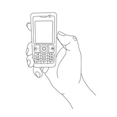 Hand holding a mobile phone, line art vector illustration