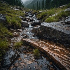 Capture the texture and color of a rocky mountain trail after a fresh rain