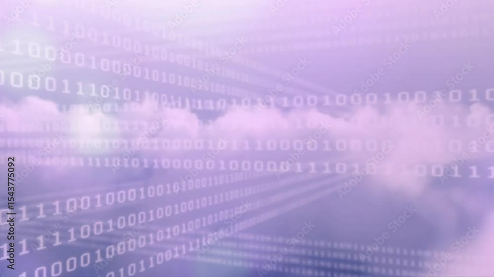 Poster violet cloudscape starting with scattered binary digits stretching into converging data flow tunnel
