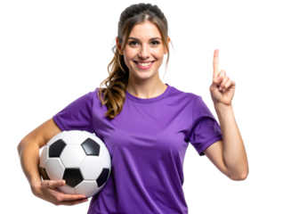 Female Soccer Player in Purple Holding Ball and Pointing Up