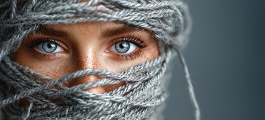 Close-up portrait of a White young woman with blue eyes wrapped in chunky soft wool yarn. Concept of cozy handmade knitting, winter crafting, and yarn product advertising.