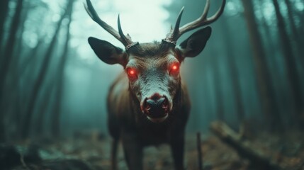 A haunting image of a stag with glowing red eyes lurking in a foggy forest, evoking a sense of mystery and the allure of the wild.
