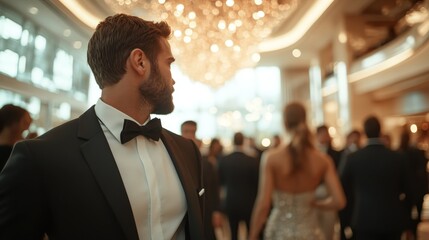 A distinguished man in a tuxedo stands amidst a glamorous gala, radiating sophistication and style in a lavish atmosphere filled with elegance and celebration.