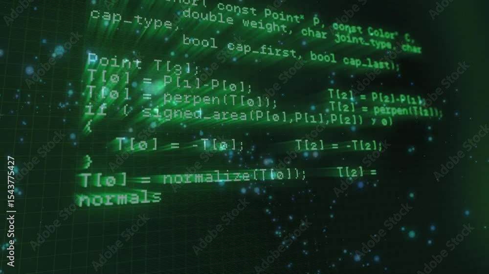 Poster on playback, green code column scrolling over grid revealing apis, geometry computing intersections