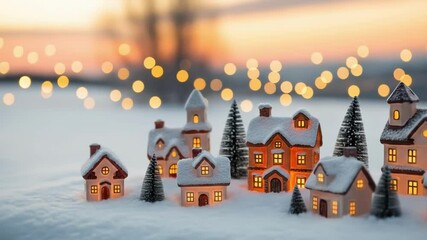 A miniature christmas village glows with warm light against a bokeh background of a winter sunset - Powered by Adobe