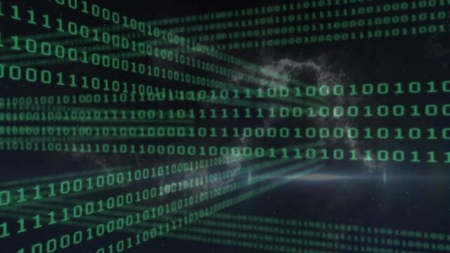 On launch green binary streams scrolling forward pulling back revealing nebula sky for data insight