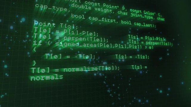 On playback, green code column scrolling over grid revealing APIs, geometry computing intersections