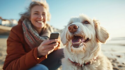 A smiling woman enjoys a day at the beach with her golden retriever, capturing an essence of love and connection between humans and pets under a bright sunny sky.