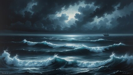 Fototapeta premium The scene depicts a turbulent sea under a stormy sky. The horizontal composition conveys the vastness of the ocean with the large waves crashing in front of it.