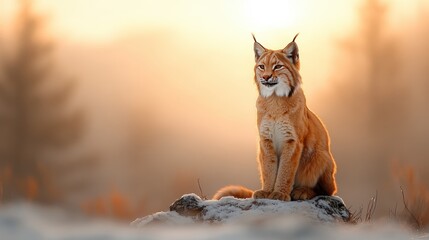 A glorious lynx perches upon a rocky outcrop, beautifully lit by the soft glow of a sunrise, embodying both power and grace in a tranquil winter landscape.