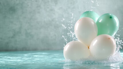 A vibrant collection of balloons splashes into a tranquil water surface, capturing a sense of joy and playfulness in a stylish, creative visual composition.