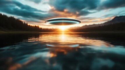 A stunning depiction of a UFO hovering above a tranquil lake during sunset, blending sci-fi elements with natural beauty, perfect for themes of mystery and exploration.