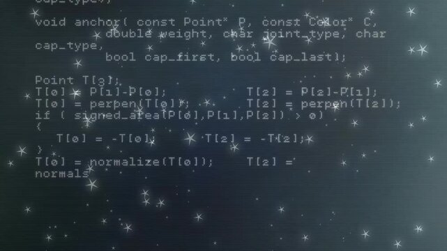 Opening code editor with star overlay scrolling upward showing C++ geometry and intersect routines