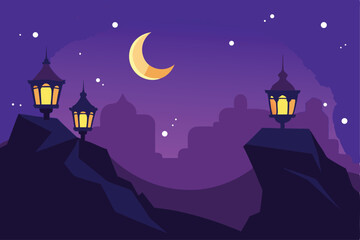 Nighttime cityscape with illuminated lanterns atop rocky outcrops under a crescent moon.