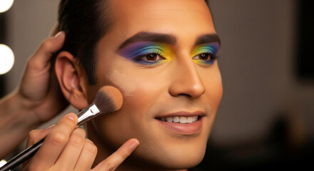 Makeup is applied to a man's face. LGBTQ+ community concept, makeup for a man