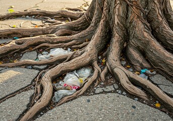 Rooted Resistance: Nature Fights Back Against Pollution - Tree roots break through pavement, entangled with plastic waste