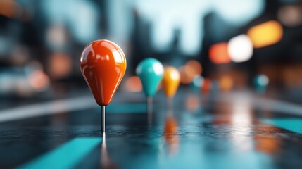 A vibrant arrangement of colorful map markers against an urban backdrop, symbolizing navigation and connection in the complexity of modern city life and exploration.