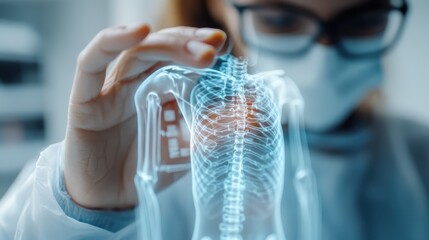 A detailed 3D representation of a human skeleton showcasing the spinal structure, ideal for educational and medical visualizations in anatomy studies and presentations.