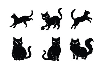Six Black Cat Silhouettes in Various Poses