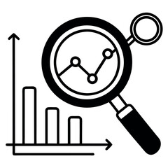 Black vector icon of a magnifying glass over a graph, symbolizing SEO analytics and search data. Ideal for marketing dashboards, digital strategy, web analysis, and business growth tools.