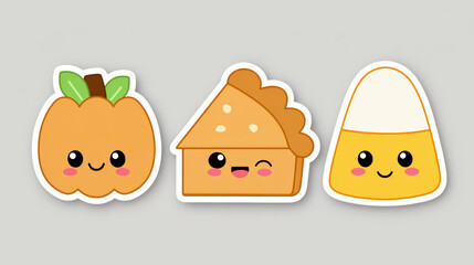 Kawaii thanksgiving celebration with cartoon turkey autumn pumpkin pie and fall corn cozy home environment