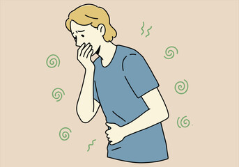 Man Feeling Nauseous with Stomach Ache and Queasy Expression, Illustrated in Light Tones with Green Swirls, Depicting Illness or Motion Sickness Symptoms – Concept Art.