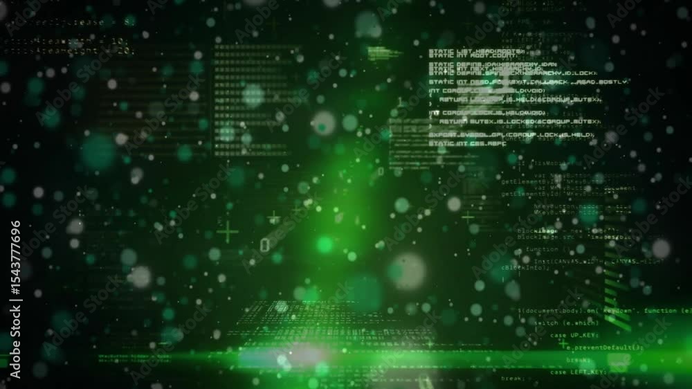 Poster particle field rising igniting green beam pulsing while code panels sliding, scrolling, rotating
