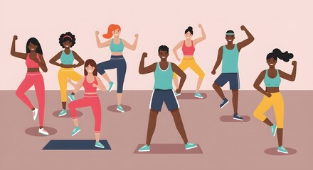 Diverse Fitness Group Energetically Exercising  Promoting Healthy Active Lifestyle