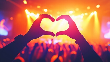 Hands Form Heart Shape At Music Fest With Vibrant Stage Lights: Excited Crowd Enjoys Live Concert, Expresses Love, Unites In Joyful Celebration.