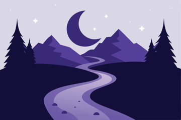 Fototapeta premium A stylized landscape featuring a river flowing between mountains under a crescent moon and starry sky.