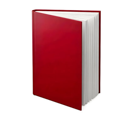 A white hardcover book with red pages, the book is slightly open, isolated on a white background, the book is standing upright 