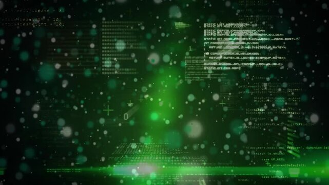 Particle field rising igniting green beam pulsing while code panels sliding, scrolling, rotating