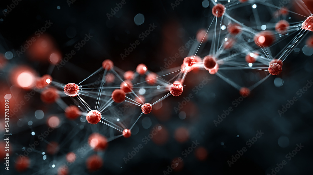 Poster red spheres connected by a network in dark space