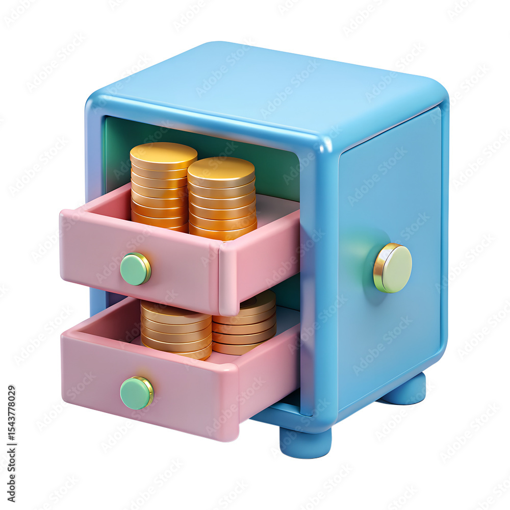 Poster golden coins spilling from an open bank safe, symbolizing secure wealth and investment in a 3d rende