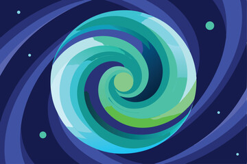 Abstract swirling vortex of blues and greens against a dark blue cosmic background with scattered dots.