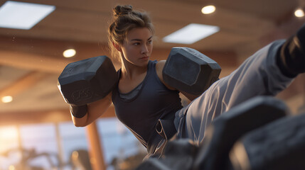 Student training with kick shield in gym with weights