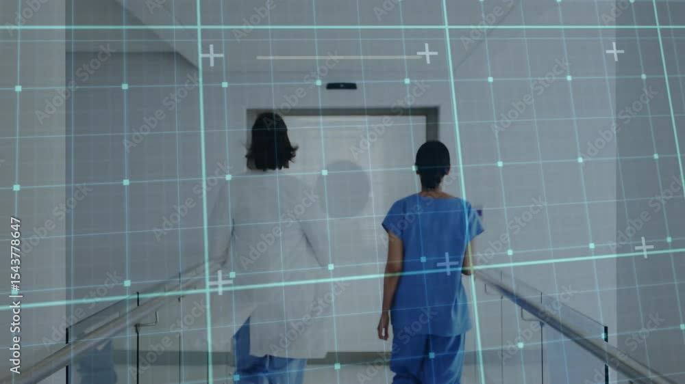 Poster doctor and nurse walking corridor touching handrails as grid overlay mapping path toward scan room