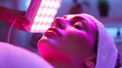 Woman receiving LED light therapy for skin cleansing and anti-aging at a spa resort.