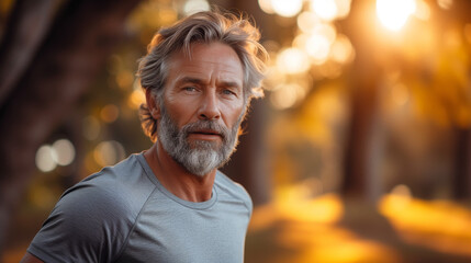 Middle-aged man jogs through sunlit city park.
